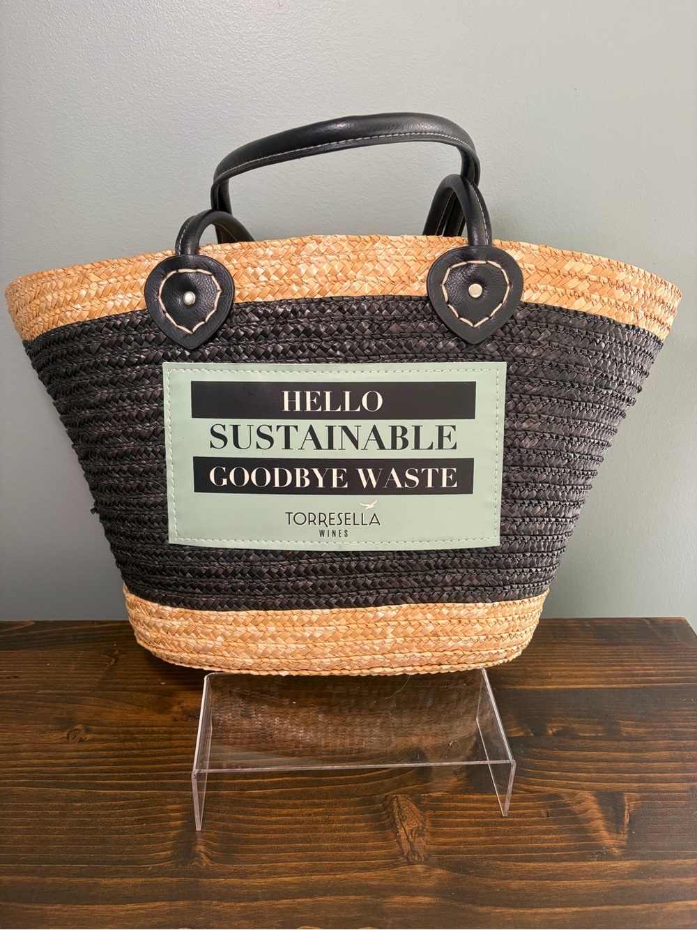 Torresella Wines Woven Raffia/Straw Promotional Beach Tote Bag - Black & Natural